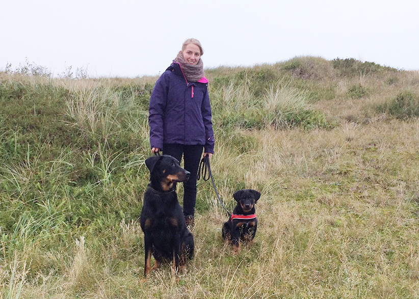 Jule mit den Hunden in den Dünen..